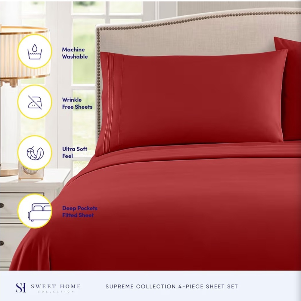 Queen Size Red Bedding Sheet Set - Classic Comfort - Picture 2 of 9